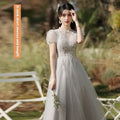 A silver gray tulle beaded sisters dress female featuring a delicate lace gown with short puffed sleeves and fitted bodice
