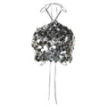 Silver halter backless sequined vest featuring a shiny silver sequined jellyfish accessory with metallic wire frame and tendrils