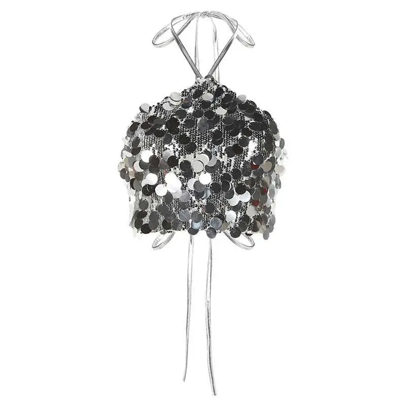 Silver halter backless sequined vest featuring a shiny silver sequined jellyfish accessory with metallic wire frame and tendrils
