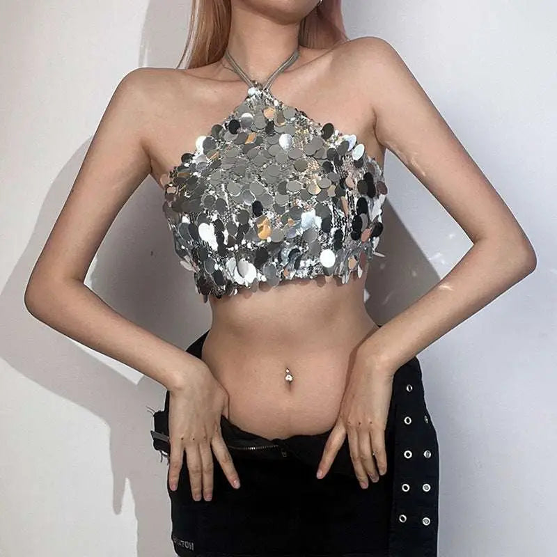 Silver halter backless sequined vest with shiny silver sequins, mesh base, and metallic accents for elegant wear