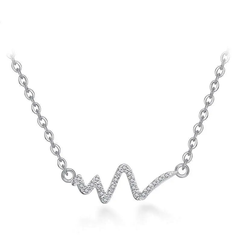 Silver heartbeat korean lightning necklace with delicate chain and wavy pendant adorned with clear sparkling stones