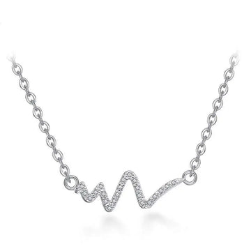 Silver heartbeat korean lightning necklace with delicate chain and wavy pendant adorned with clear sparkling stones