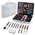 Silver iridescent makeup kit with case containing eyeshadows, blushes, lipsticks, and brushes for makeup beginners