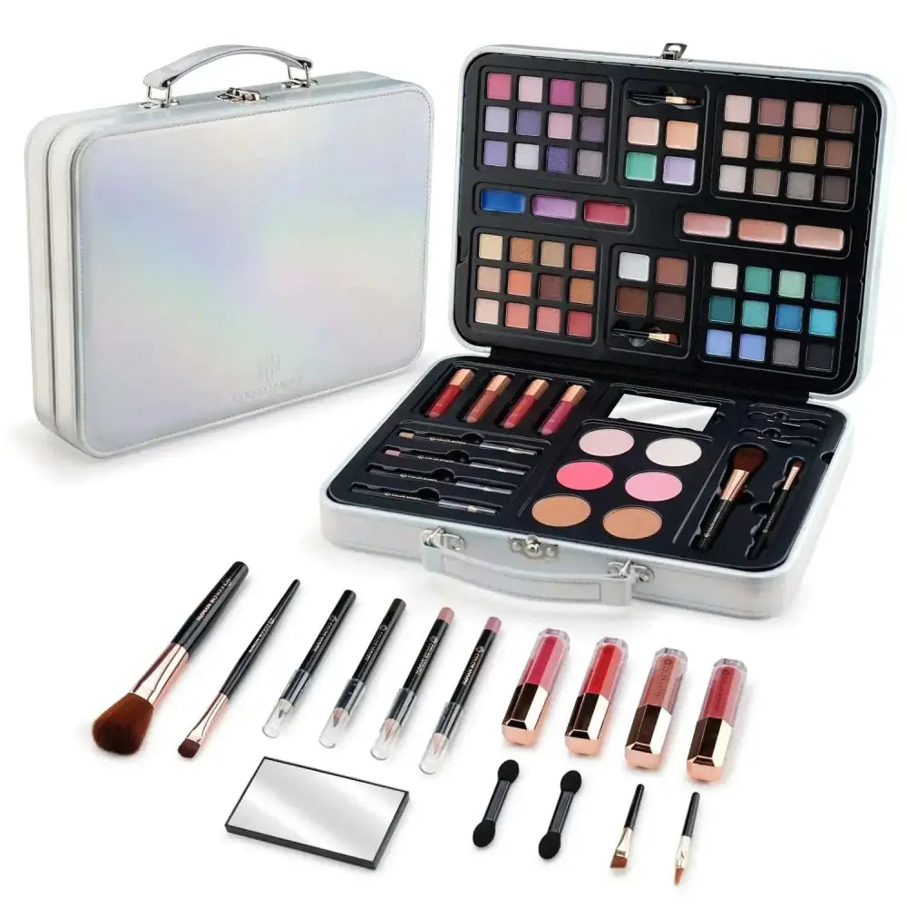 Silver iridescent makeup kit with case containing eyeshadows, blushes, lipsticks, and brushes for makeup beginners