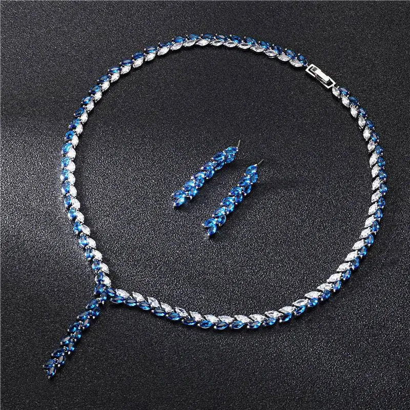 A sparkling blue and silver leaf cubic zirconia necklace with matching bride wedding earrings jewelry set