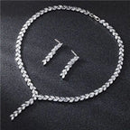 Silver leaf cubic zirconia bride wedding earrings and necklace set with sparkling stones in silver tone