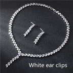 Silver leaf cubic zirconia wedding earrings jewelry set featuring silver leaf-patterned necklace and clear crystals