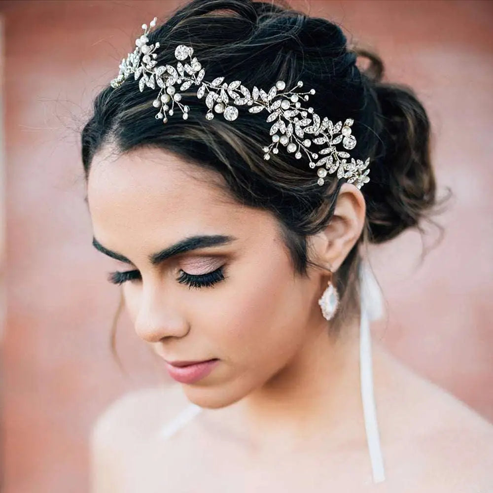 Silver leaf pearl bridal hair band adorned with sparkling rhinestone alloy crystals for elegant bridal wear