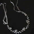 Silver leaf protein rhinestone headdress hair band with delicate silver leaves clear crystals and sheer ribbon ties