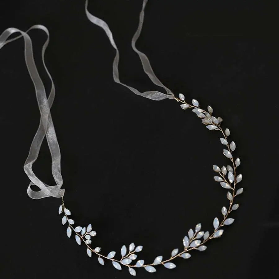 Silver leaf protein rhinestone headdress hair band with delicate silver leaves clear crystals and sheer ribbon ties