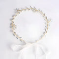 Elegant silver leaf protein rhinestone headdress hair band with delicate gold wire stems and soft white organza bow