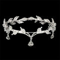 Silver leaf crown rhinestone hair accessory with sparkling crystals and dangling teardrop pendants forehead ornament
