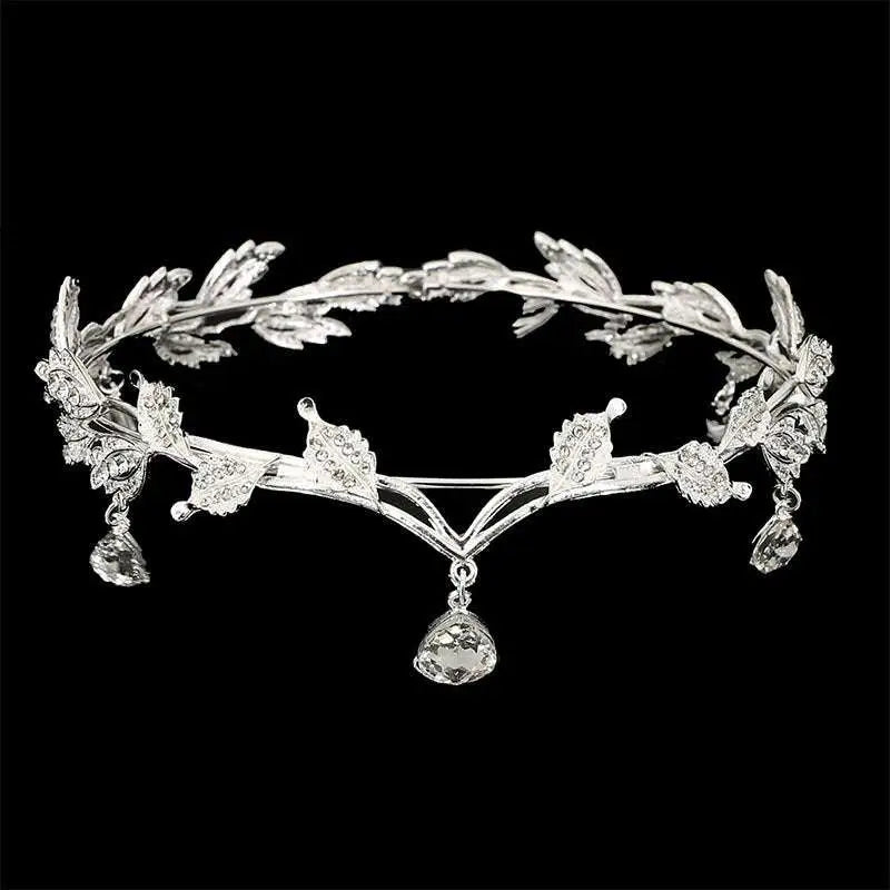 Silver leaf crown rhinestone hair accessory with sparkling crystals and dangling teardrop pendants forehead ornament