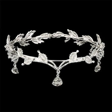 Silver leaf crown rhinestone hair accessories forehead ornament adorned with sparkling crystals and teardrop pendants