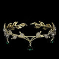 Gold leaf crown rhinestone hair accessory with sparkling diamonds and emerald teardrop pendants forehead ornament