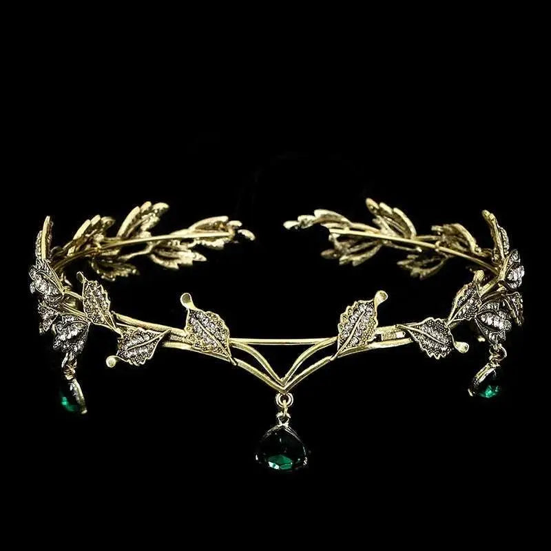 Gold leaf crown rhinestone hair accessory with sparkling diamonds and emerald teardrop pendants forehead ornament