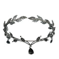 Silver leaf rhinestone hair accessories forehead ornament featuring a silver leaf crown necklace with black teardrop pendants
