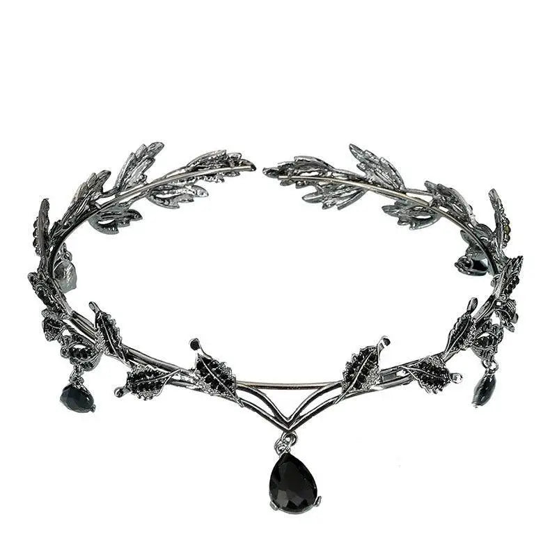 Silver leaf rhinestone hair accessories forehead ornament featuring a silver leaf crown necklace with black teardrop pendants