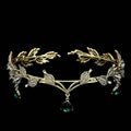 Gold-toned leaf crown forehead ornament with rhinestone hair accessories and emerald teardrop pendants