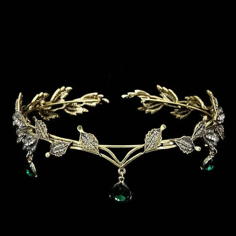 Gold-toned leaf crown forehead ornament with rhinestone hair accessories and emerald teardrop pendants