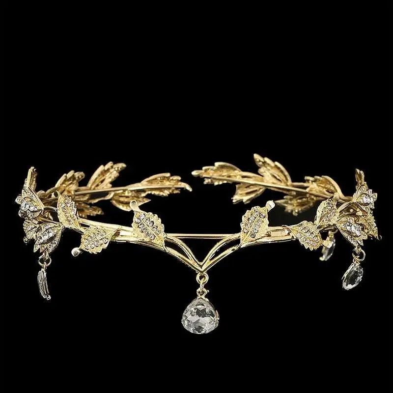 Golden leaf crown forehead ornament rhinestone hair accessories with sparkling crystals and teardrop pendants