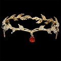 Gold leaf crown rhinestone hair accessory with sparkling crystals and red teardrop pendant forehead ornament