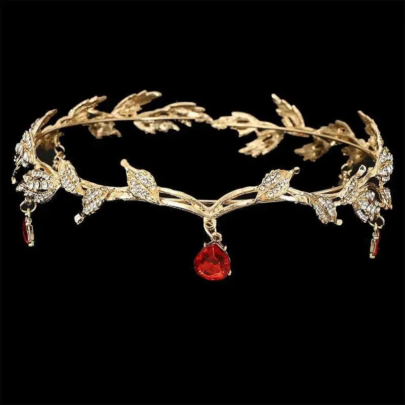 Gold leaf crown rhinestone hair accessory with sparkling crystals and red teardrop pendant forehead ornament