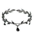 Silver leaf crown forehead ornament with black teardrop pendants rhinestone hair accessories for elegant styling