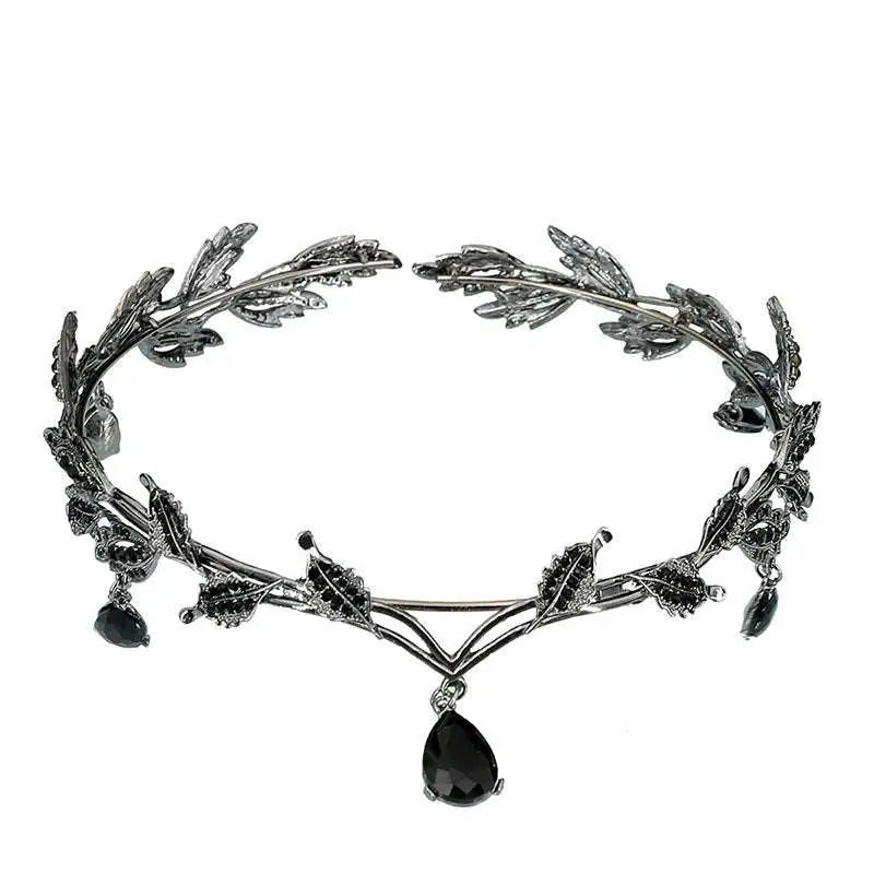 Silver leaf crown forehead ornament with black teardrop pendants rhinestone hair accessories for elegant styling