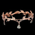 Rose gold leaf crown rhinestone hair accessory with sparkling crystals and teardrop pendant forehead ornament