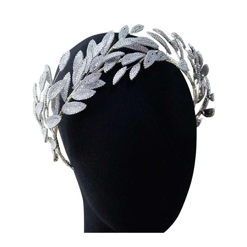 Silver leaf zircon alloy hair band with sparkling artificial rhinestones in a silver leaf crown design