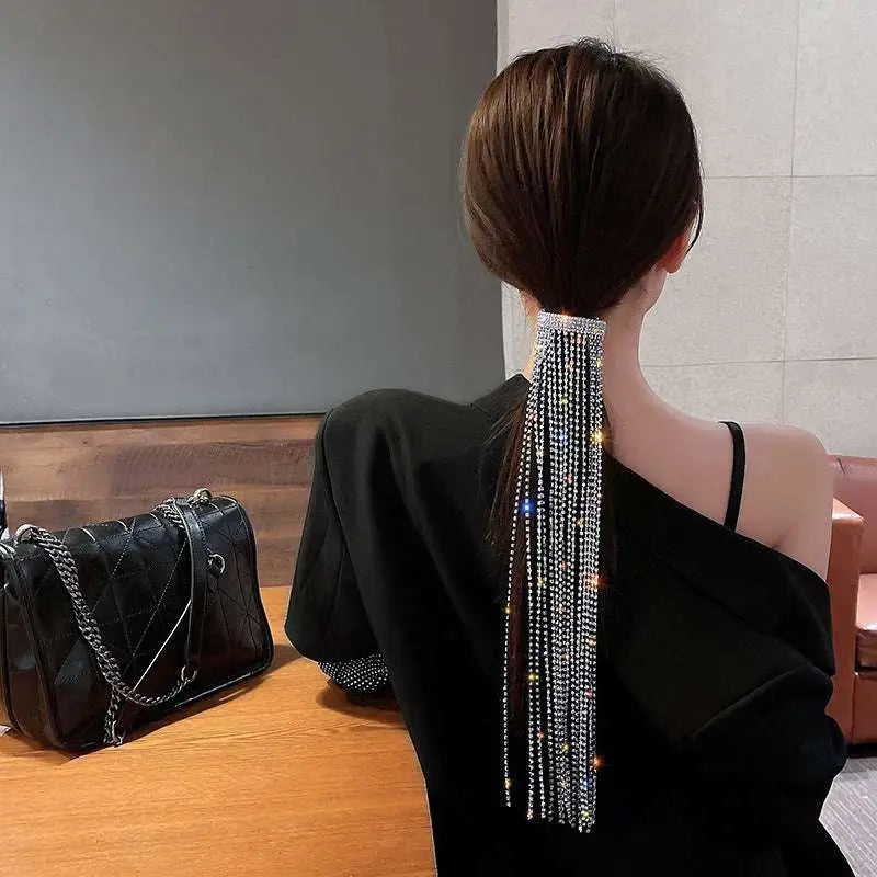 Silver long tassel rhinestone hair accessory featuring sparkling silver crystals and cascading bijoux long style strands
