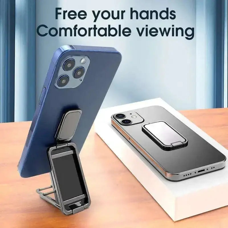 Blue smartphone with silver magnetic bracket mobile phone holder attached on the back for hands-free viewing