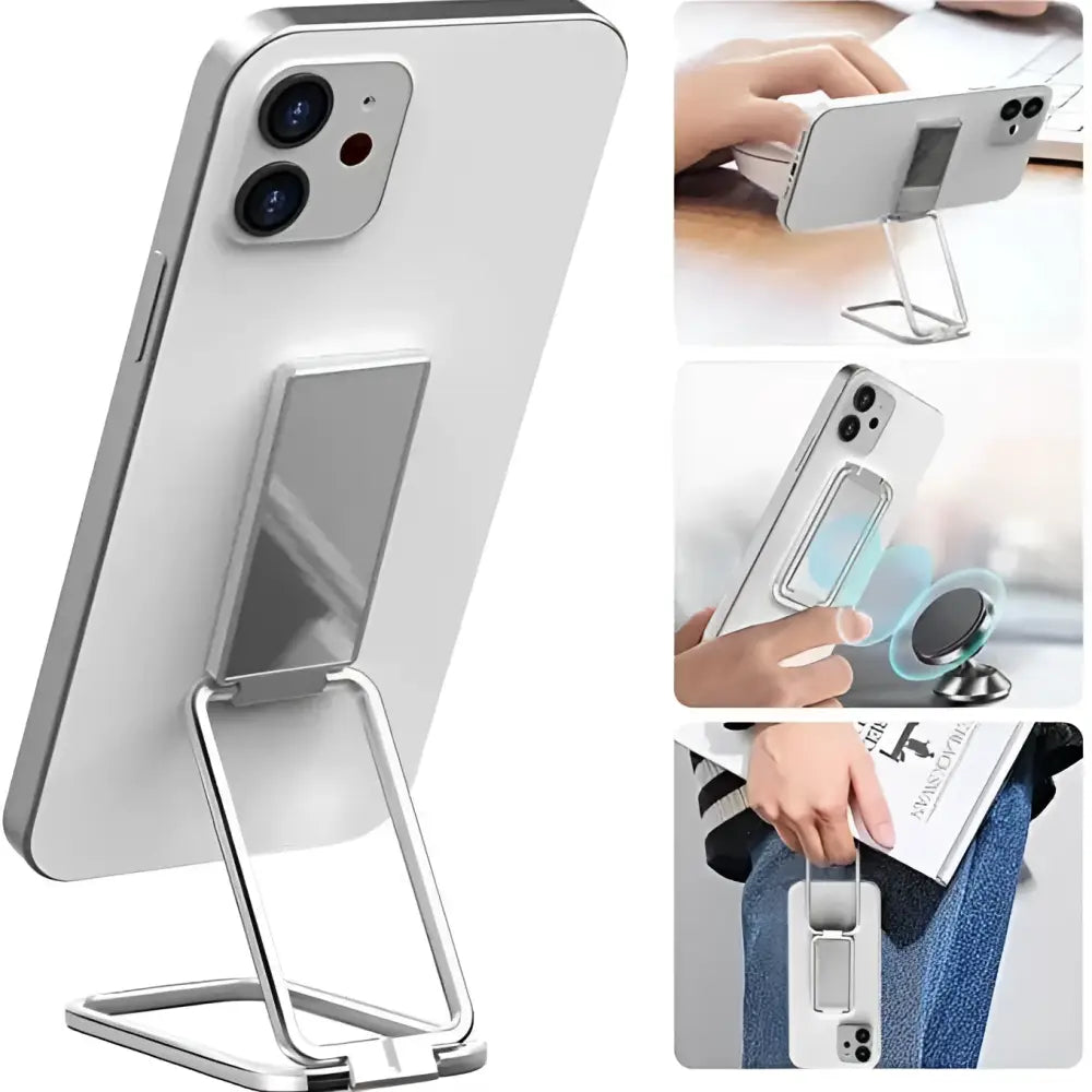 Silver magnetic bracket mobile phone holder with a sleek minimalist design and adjustable folding metallic stand