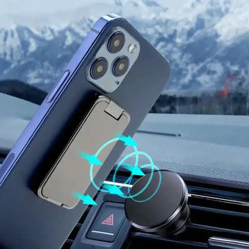 Silver magnetic bracket mobile phone holder with sleek minimalist design and foldable stand for secure car dashboard use