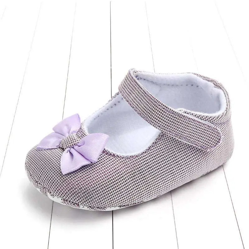 Silver mesh princess shoes bow for babies featuring a delicate lavender satin bow and silver-toned strap