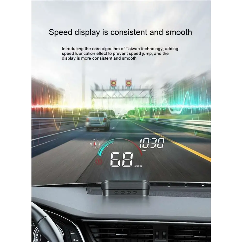 Black rectangular display car gps speed hd projector mounted on dashboard showing speed and time on windshield