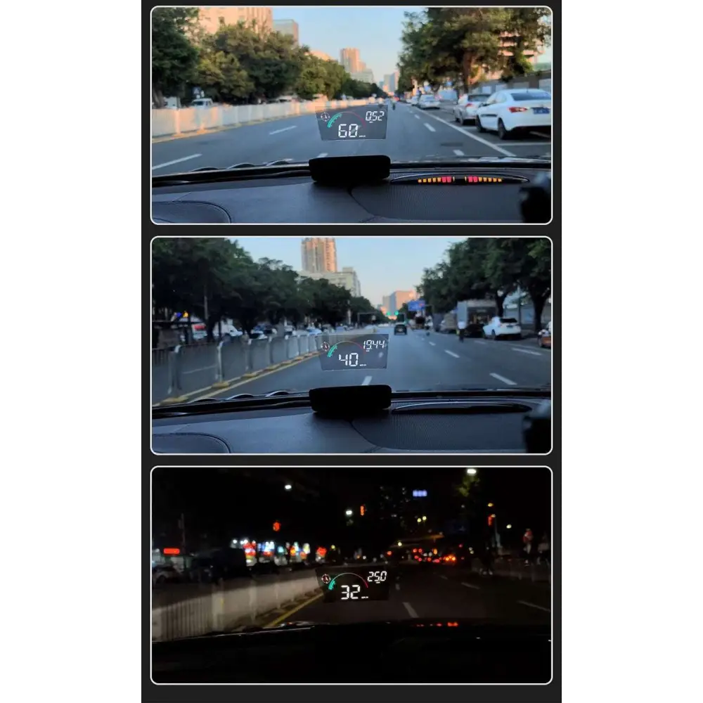 A sleek black digital display car gps universal speed hd projector mounted on a car dashboard for navigation