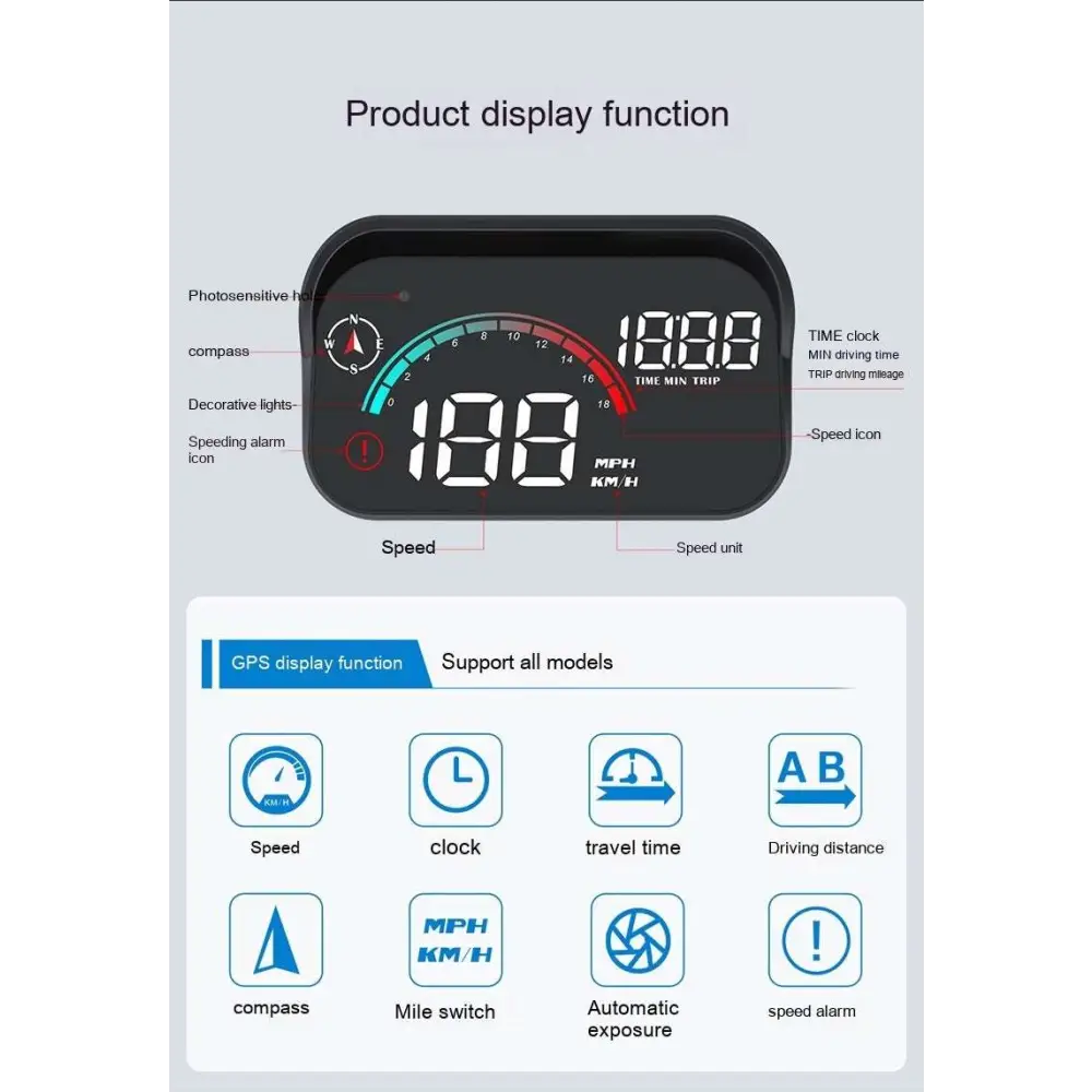 Silver metallic display car gps with black digital dashboard showing illuminated speedometer clock and gps features