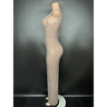 Silver metallic niche princess gathering banquet dress with a shimmering silver beaded gown and one-shoulder mesh overlay