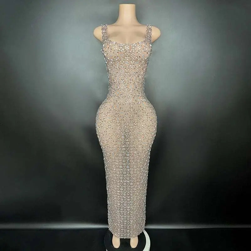 A silver metallic niche princess gathering banquet dress with intricate beading and sequins in a form-fitting gown