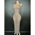 A shimmering silver metallic niche princess gathering banquet dress with a form-fitting silhouette and delicate straps