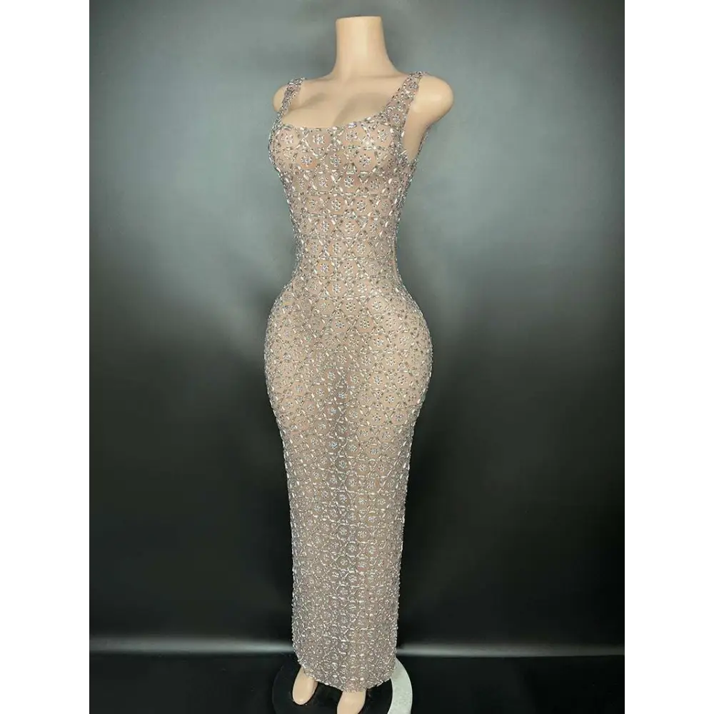 A shimmering silver metallic niche princess gathering banquet dress with a form-fitting silhouette and delicate straps
