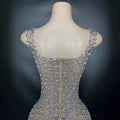 A silver metallic niche princess gathering banquet dress with shimmering silver beads and a sheer mesh overlay with geometric patterns
