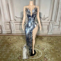 Silver metallic sequined luxury evening dress with plunging neckline and high slit made of reflective feather-like strips