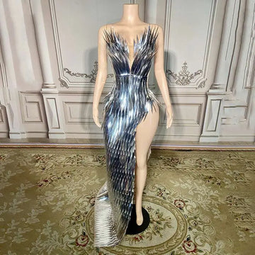 Silver metallic sequined luxury evening dress with plunging neckline and high slit made of reflective feather-like strips