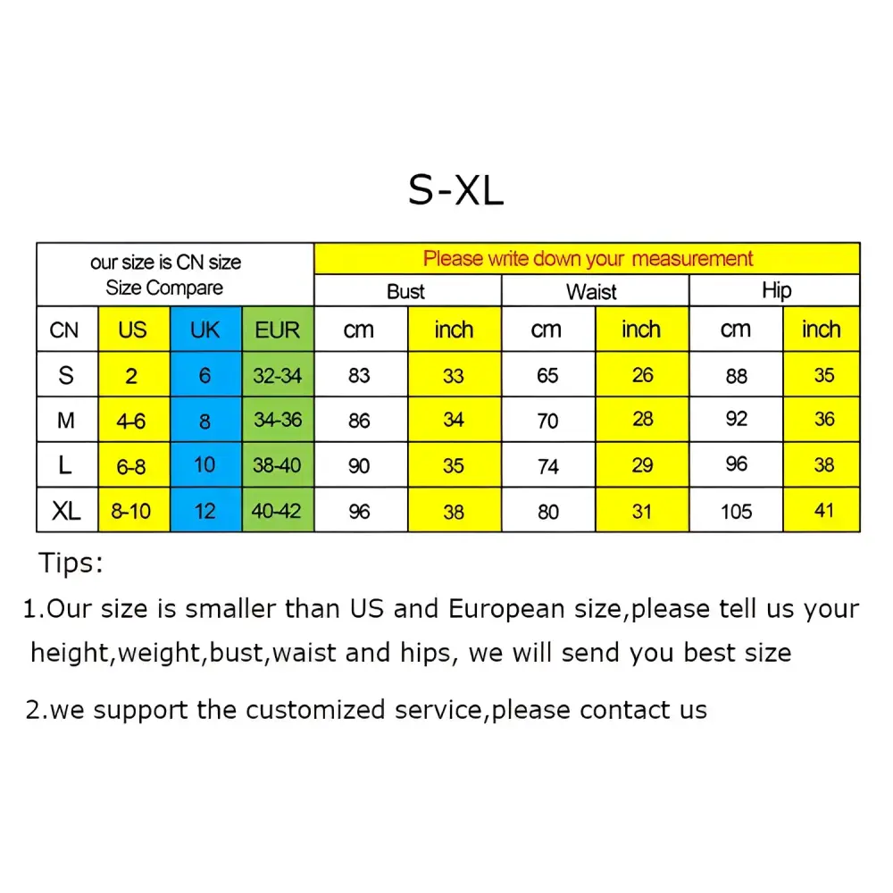 Size conversion chart for a silver metallic sequined stage advanced light luxury evening dress in cm and inches