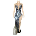 Silver metallic sequined luxury evening dress with plunging neckline and high slit in stage advanced light design