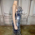 Silver metallic sequined luxury evening dress with a dramatic spiky design perfect for stage advanced light events