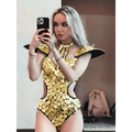 Gold mosaic performance bodysuit with black trim and shoulder accents for silver mirror performance hall use
